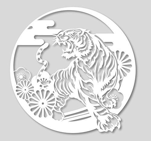 虎 円型ステッカー 龍虎図 タイガー トラ カーステッカー シール デカール ホワイト 白色