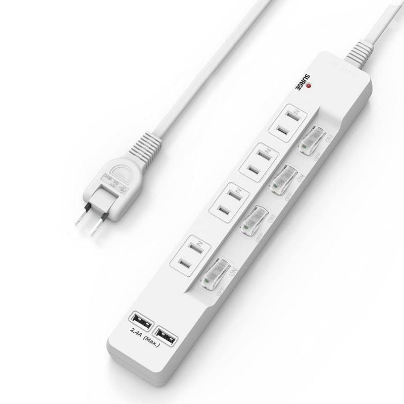 MSCIEN 電源タップ 2m延長コード USB付き ACコンセンｘ4 USBポートｘ2 合計2.4A出力 (2m, ホワイト)