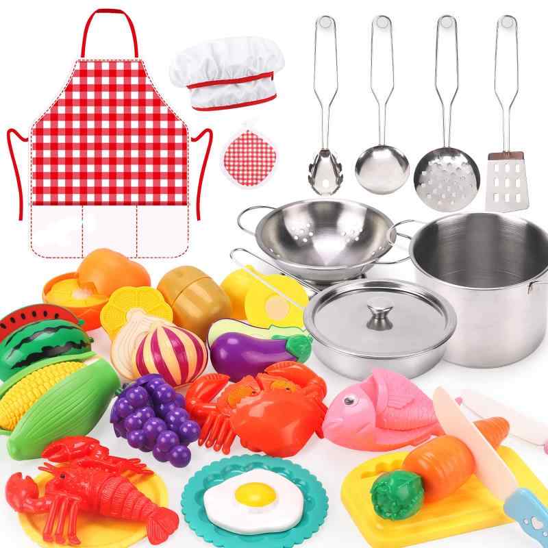 Qizebaby おもちゃ キッチンおもちゃセット おままごと子供のゲーム ステンレス鋼の調理器具の鍋とフライパンのセット、調理器具、エプロ