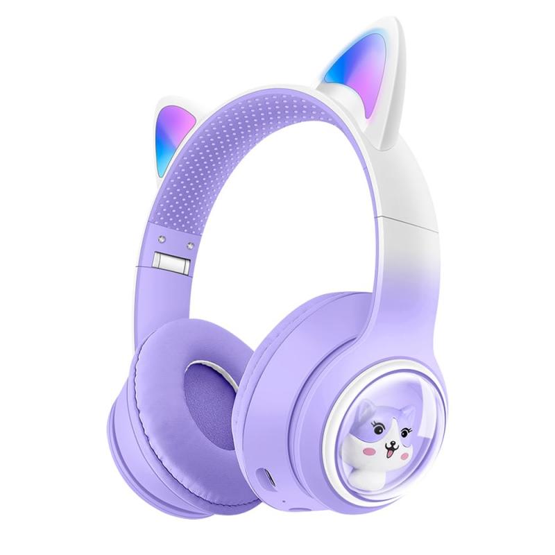 QearFunXD 子供 ヘッドホン 猫耳ヘッドホン女の子用子供用学校、 猫耳LEDライトデザイン、 子供用 Bluetooth ヘッドフォン マイクと 3.5