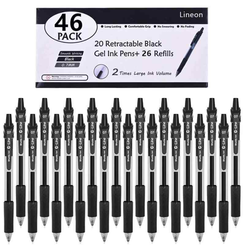 Lineon ジェルボールペン ボールペン ノック 式 ブラック 0.7mm 20ゲル ペン 26替え芯 46パック 速乾 手帳 ノート グラフ スケッチ 事務