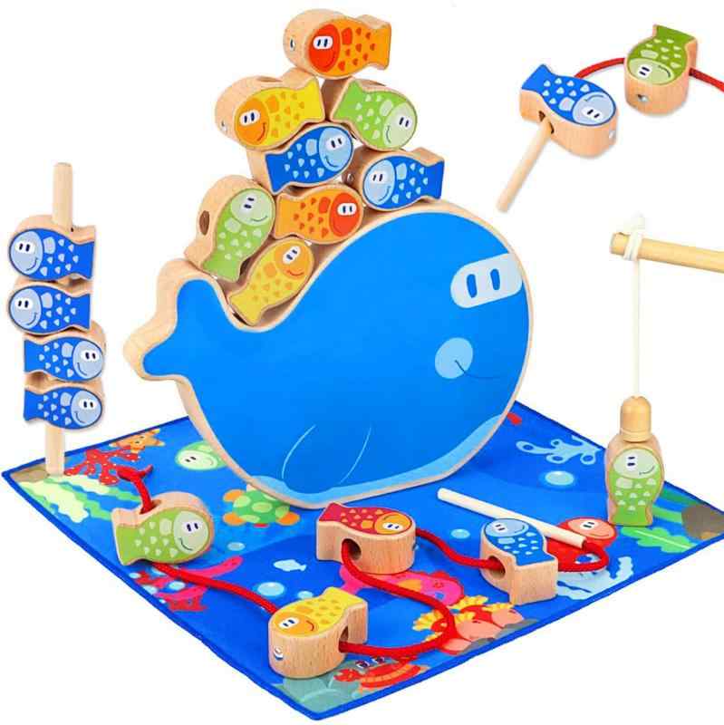 CORPER TOYS 木製おもちゃ 4in1 パズル 魚釣りおもちゃ ひもとおし 紐通しおもちゃ バランスゲーム 棒通し遊び かわいい 木製パズル クリ