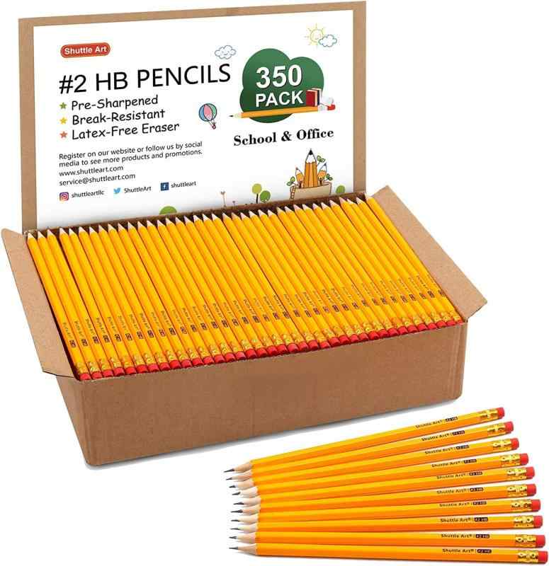 Shuttle Art 鉛筆 かきかた鉛筆 HB #2 350本セット 黄色 標準鉛筆 無地 六角軸 消しゴム付き 削り済み 学生 勉強 学習 事務 建築 試験 製