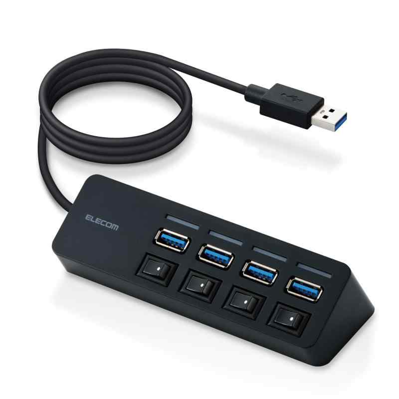 エレコム USBハブ U3H-S418BBK/EC USB3.0 Aポート×4 バスパワー マグネット・スイッチ付 ケーブル長1.0m ブラック MacBook/Surface/Chro