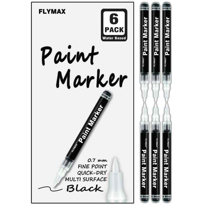 FLYMAX ブラックペイントペン 6本パック 0.7mm アクリルブラック 油性マーカー ガラスセラミックロックレザー プラスチックストーン メタ