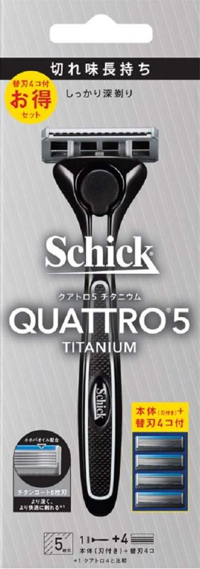 シック Schick クアトロ5 チタニウム コンボパック (ホルダー (刃付き) + 替刃4コ) 5枚刃 カミソリ 髭剃り ドイツ製替刃 1個 (x 1)