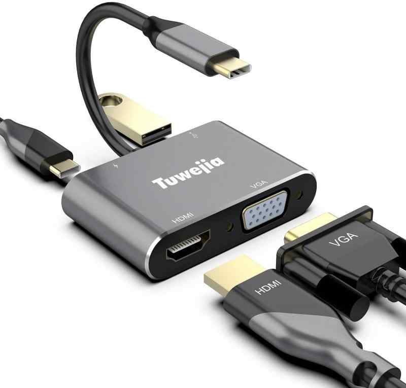 USB Type c HDMI VGA 4-in-1 アダプタ Tuwejia usb c hdmi４K 解像度 hdmiポート+VGAポート+USB 3.0高速ポート+USBタイプC高速PD充電ポー