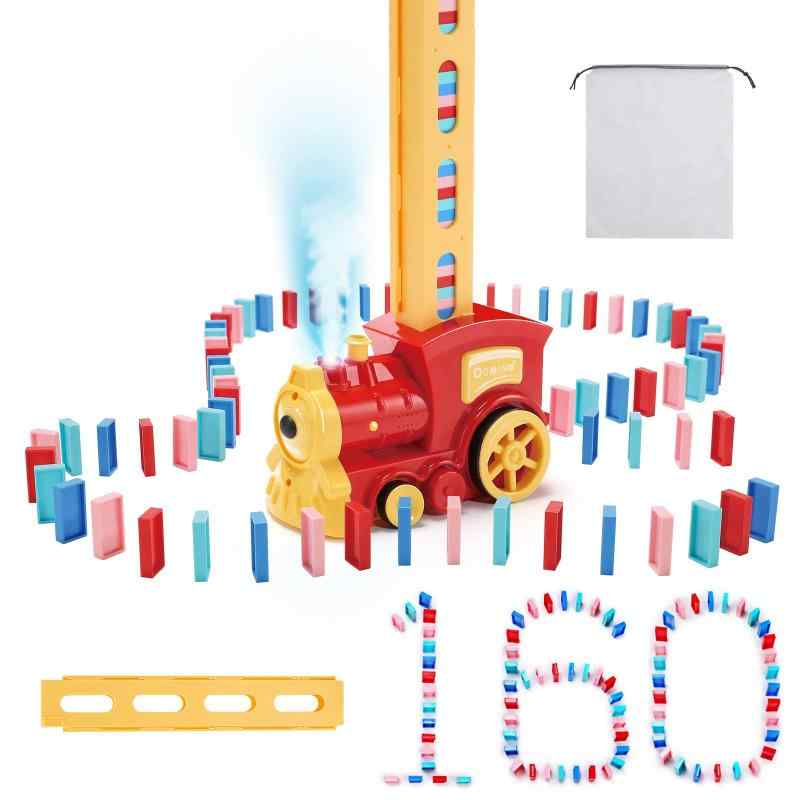 ドミノ おもちゃ Skirfy ドミノ倒し 知育玩具 160枚 電車おもちゃ ブロック玩具 スプレー機能 音楽効果 予備のカードクリップ 収納袋付属