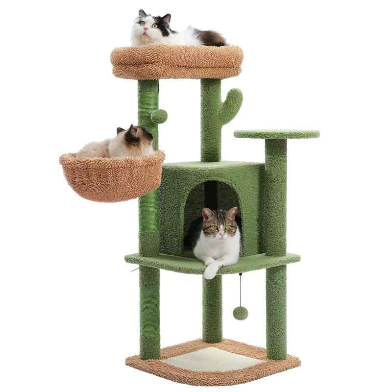 PETEPELA(ぺテぺラ) キャットタワー 低め サボテン ねこタワー 据え置き 爪とぎポール ハンモック 猫のおもちゃ ポンポン 猫ベッド (グリ