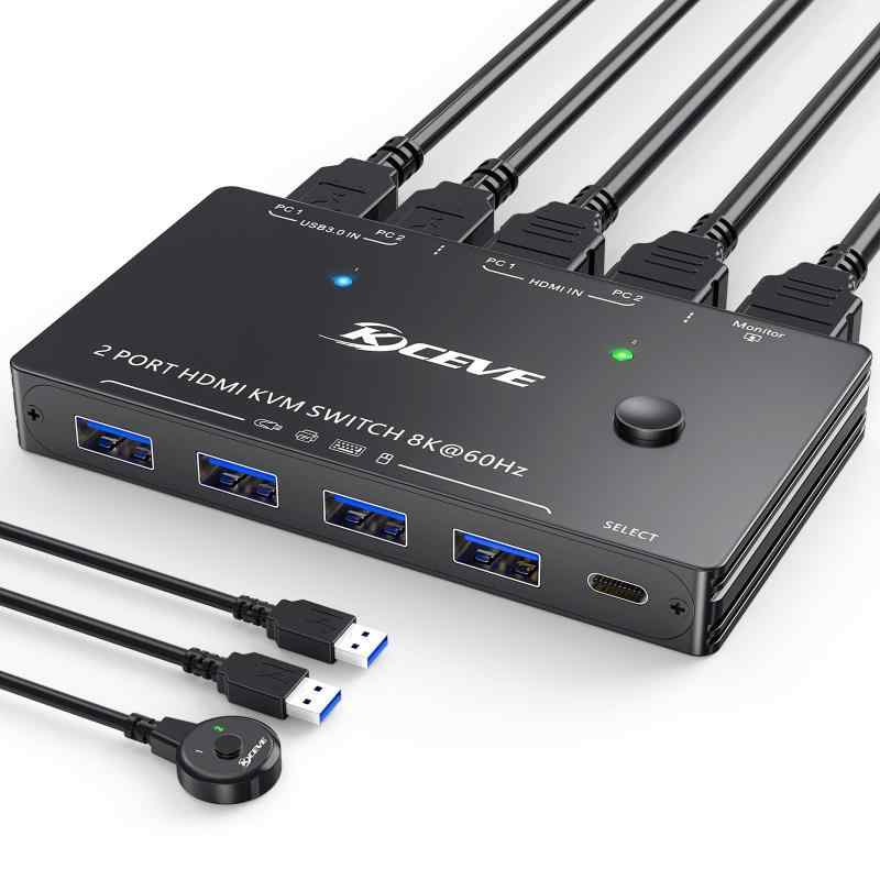 KCEVE 8K HDMI KVM切替器 2入力1出力 USB3.0ポート PC2台用 KVM スイッチ 8K@60Hz/4K@120HZサポート HDMI2.1 キーボード、マウス、モニタ