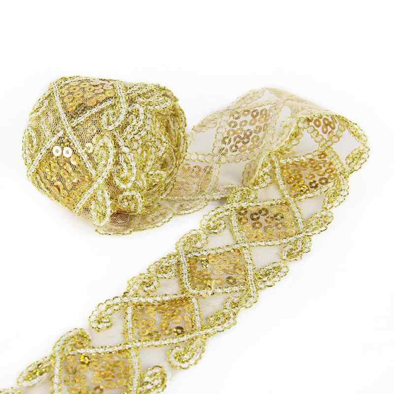レースリボン 菱形モチーフ スパンコール 縫製 金色 長約9m 幅5cm カーテン、ウェディングドレス、DIY、服装装飾 手芸用 材料