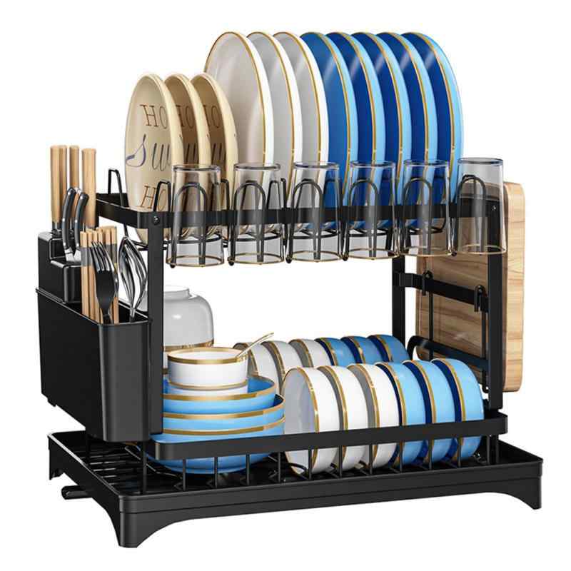 Goray 食器 水切りラック 2段 水切りかご - キッチン用品 食器収納 シンク上水切りラック 大容量 多機能収納 組立簡単 キッチン収納 42×