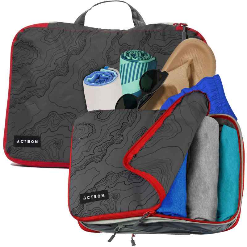 Acteon Packing Cube 旅行用 圧縮 収納 バッグ 衣類整理 ポーチ スーツケース 整理 メッシュ 収納 スペース節約 防滴 2個 セット (赤 x