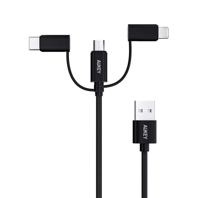 AUKEY 3 in 1 USBケーブル 1m Impulse Series CB-BAL9 USB-A USB-C Micro USB 充電ケーブル 480Mbps 編組ナイロン ライトニング Android