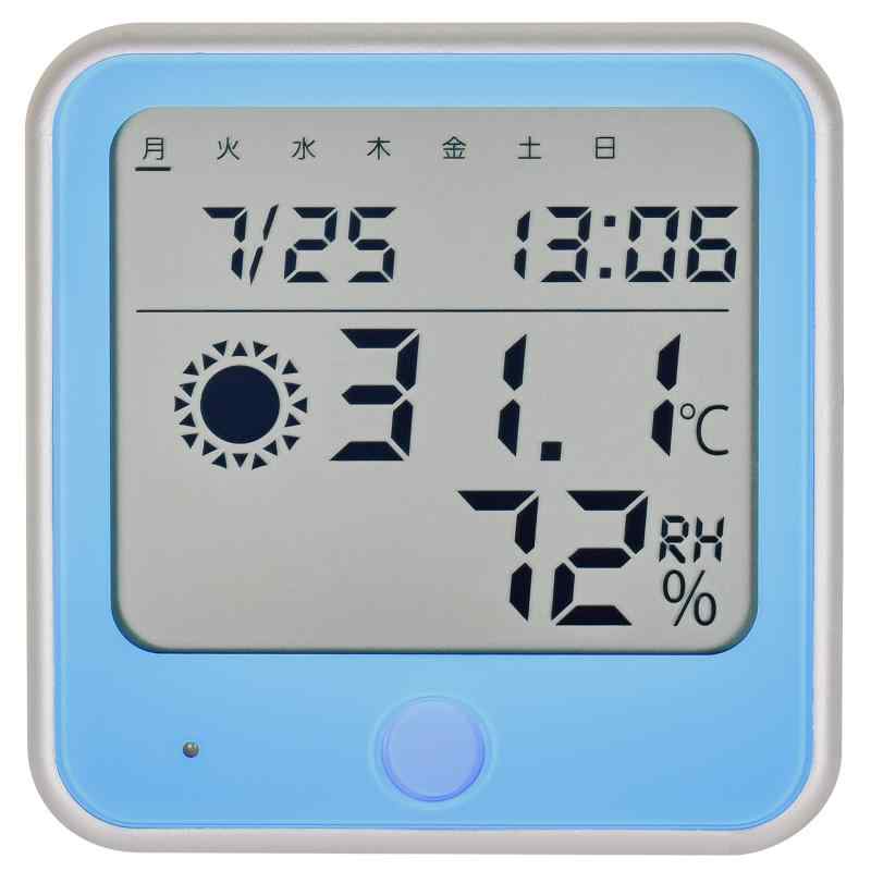 オーム電機 温湿度計 (ブルー, 時計/カレンダー/インフルエンザ・熱中症注意機能つき)
