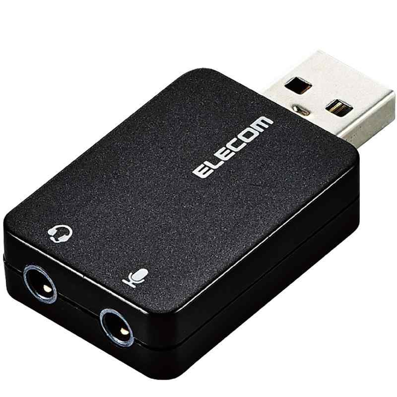 エレコム USBオーディオ変換アダプタ φ3.5mm USB to ステレオミニジャック 3極 4極 対応 ノイズ解消 直挿しタイプ ブラック USB-AADC01B